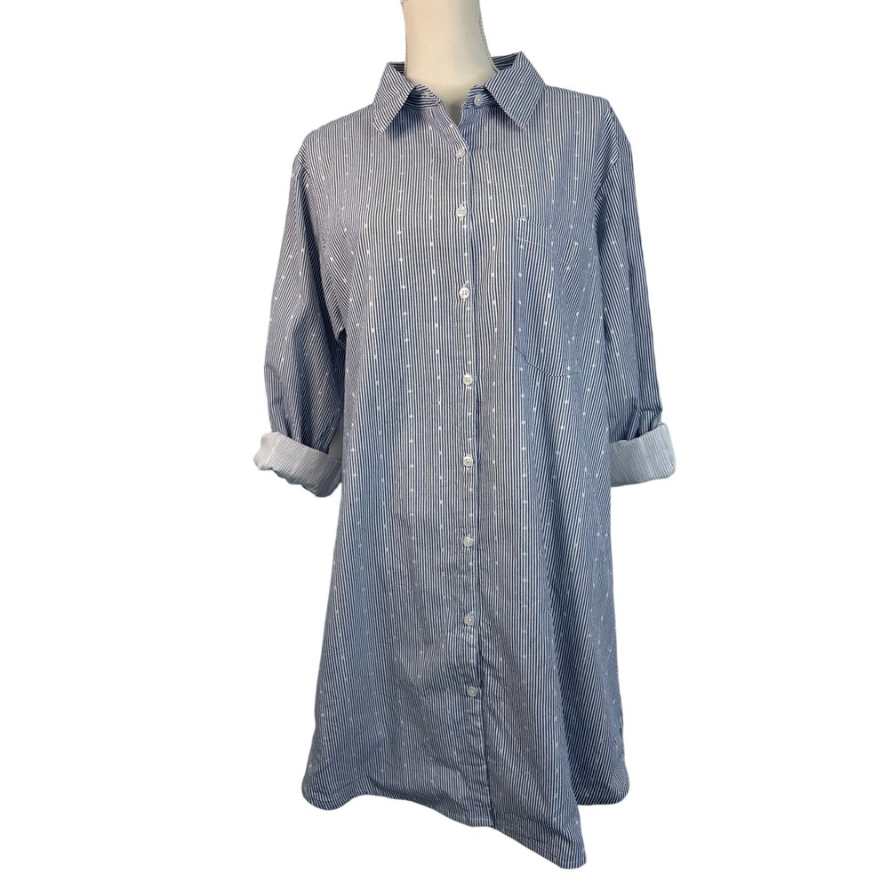 Victoria Dunn Blue White Striped Dotted Cotton Button Down Shirt Dress XL NWT